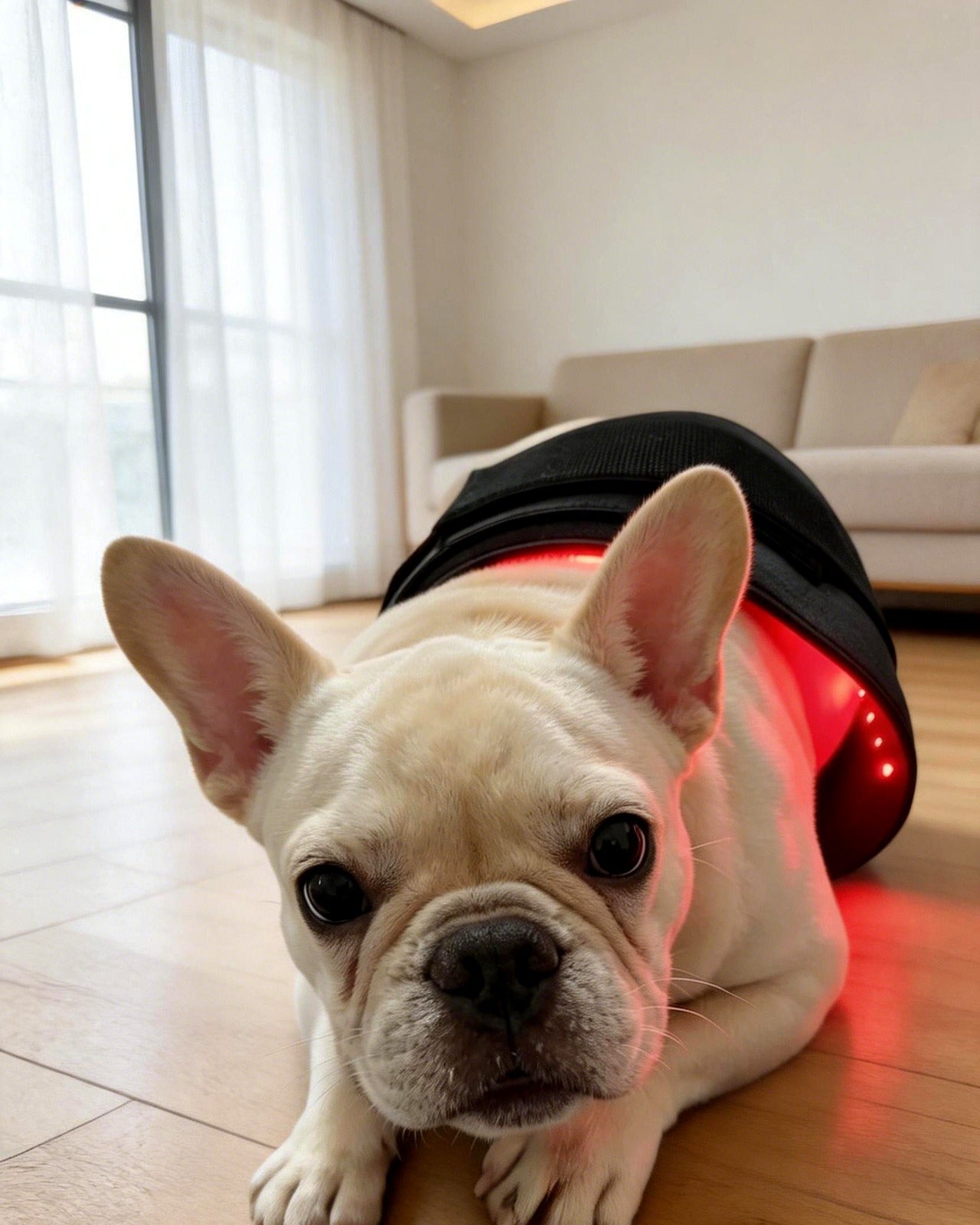 A dog wearing the Zentoo red light therapy pad